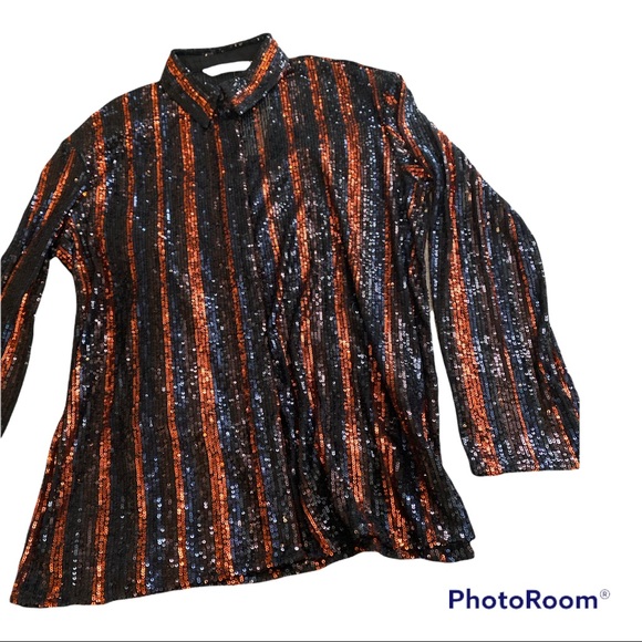 Zara sequin top black and orangey bronze button up shirt size Medium - Picture 8 of 13